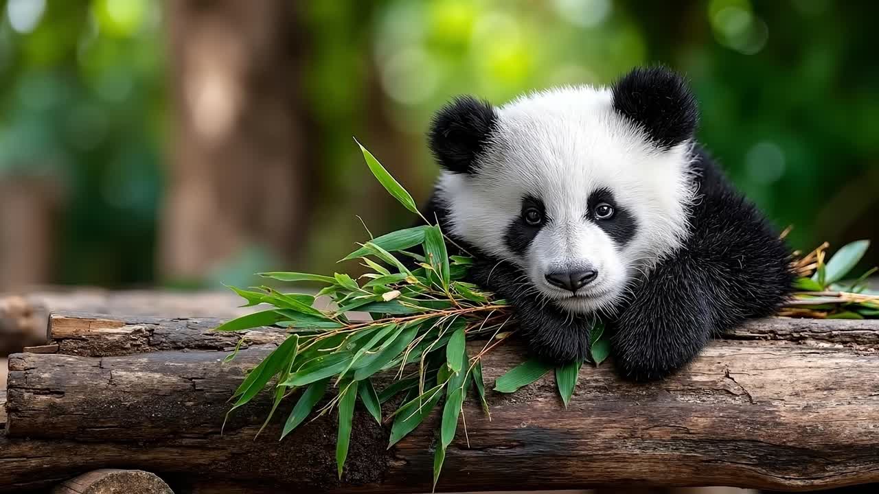 A panda bear laying on top of a tree branch eating bamboo