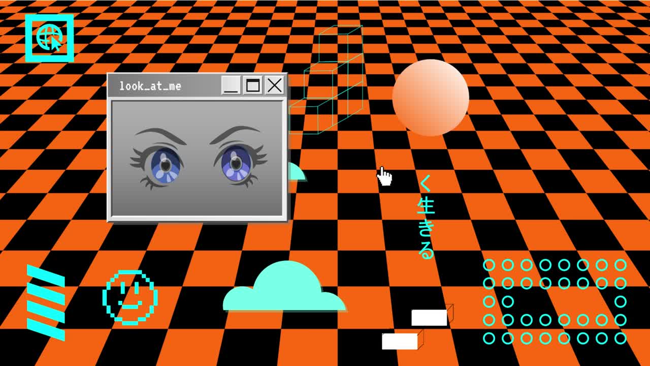 Retro Vaporwave Poster With User Interface Elements, Anime Eyes and Cartoon Illustrations. Abstract Aesthetic Background.