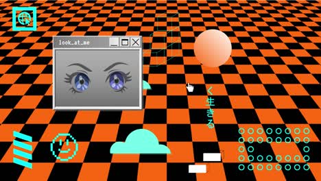retro vaporwave poster with user interface elements, anime eyes and cartoon illustrations. abstract aesthetic background.