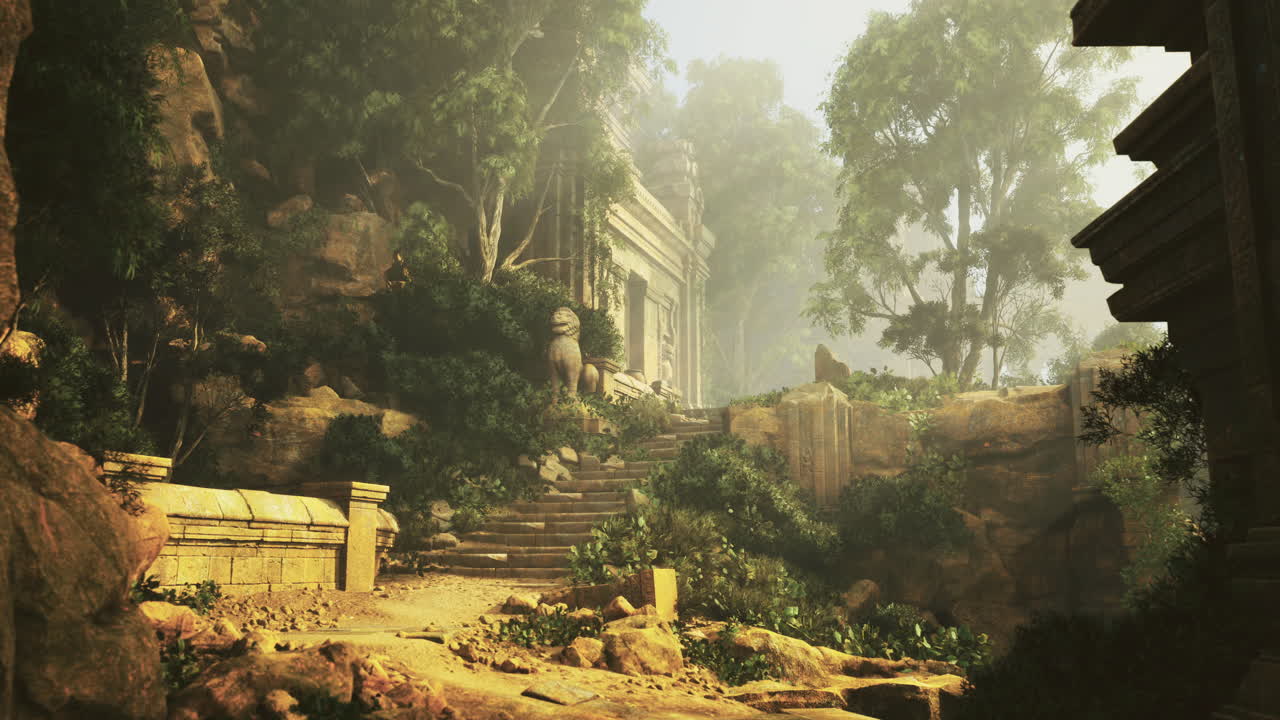 Ancient ruins surrounded by lush vegetation in a serene forest setting