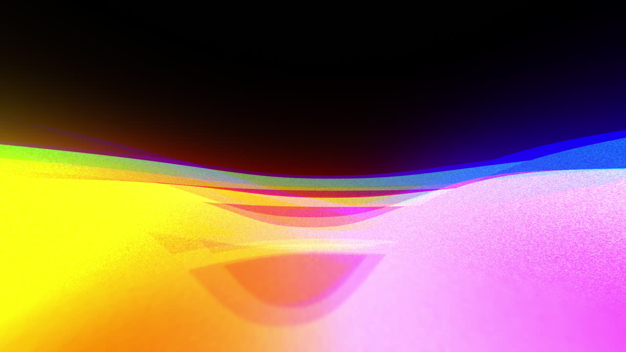 Multicolour 4K looping gradient background with subtle movement and black background. Appearing like a multicolour horizon with mostly yellow and pink hues, accented with glows, grain and soft blur.