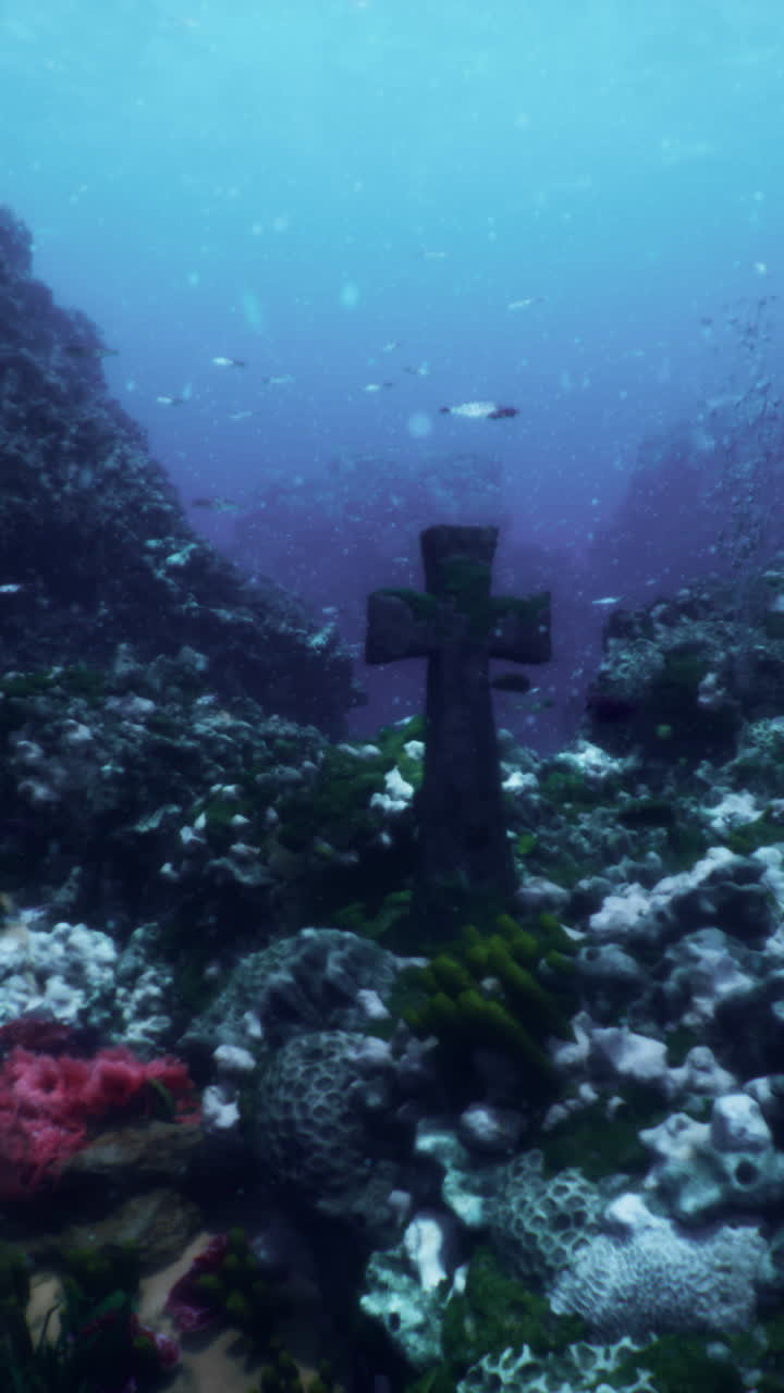 una cruz de piedra sumergida bajo el agua en un arrecife de coral
