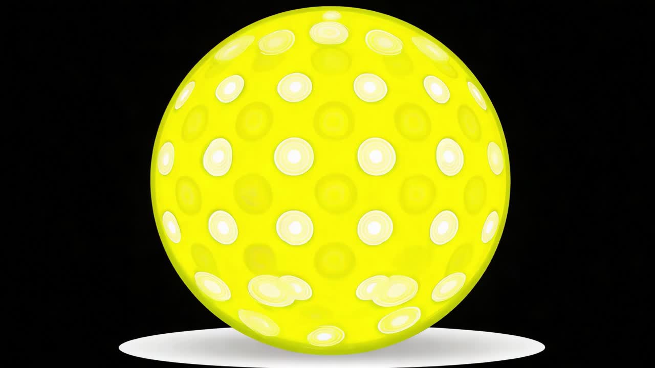 Yellow plastic pickleball with round holes spinning in a continuous loop. This animated sports equipment with a dotted pattern represents competition, recreation, and athletic activity on a court