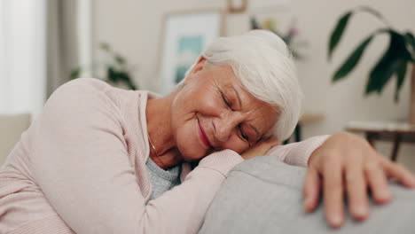 Smile,-sleeping-and-a-senior-woman-on-the-sofa-to