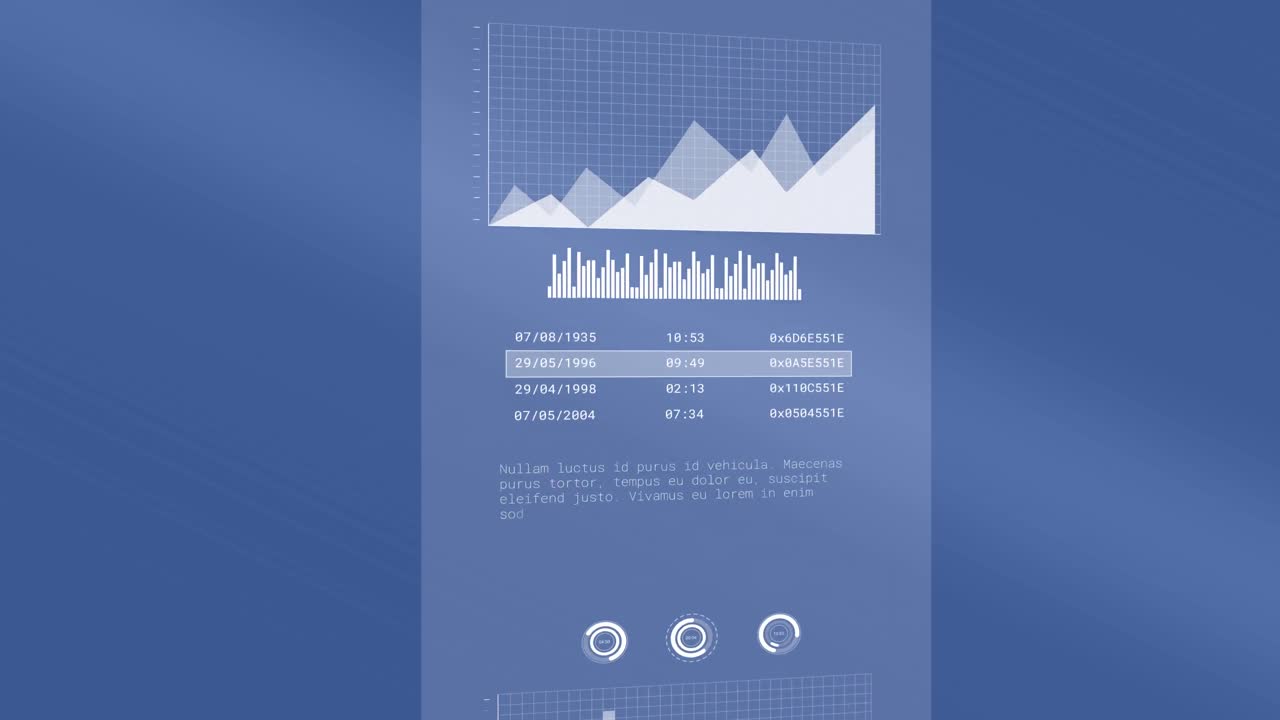 animación del procesamiento de datos y las estadísticas sobre fondo azul