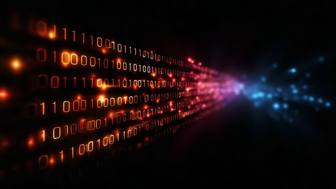 Dynamic Flow of Binary Code Representing Data Transfer in a Digital Realm, Features Abstract Colorful Light Effects Portraying Movement and Complexity in a Technological Environment