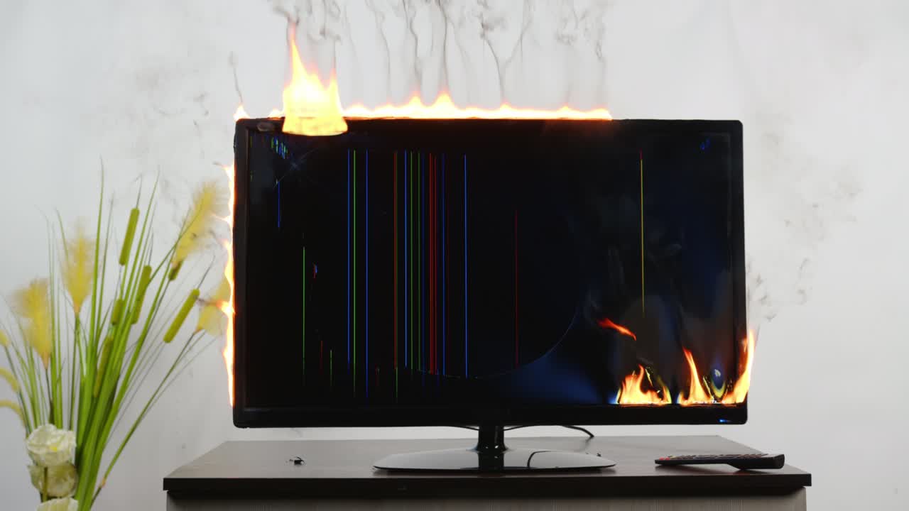 Broken TV is on fire on table in room.