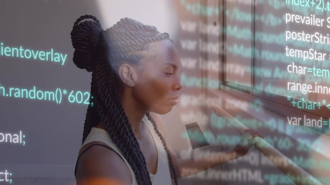 Mid-adult woman pausing then reaching, typing to edit code on window holographic interface