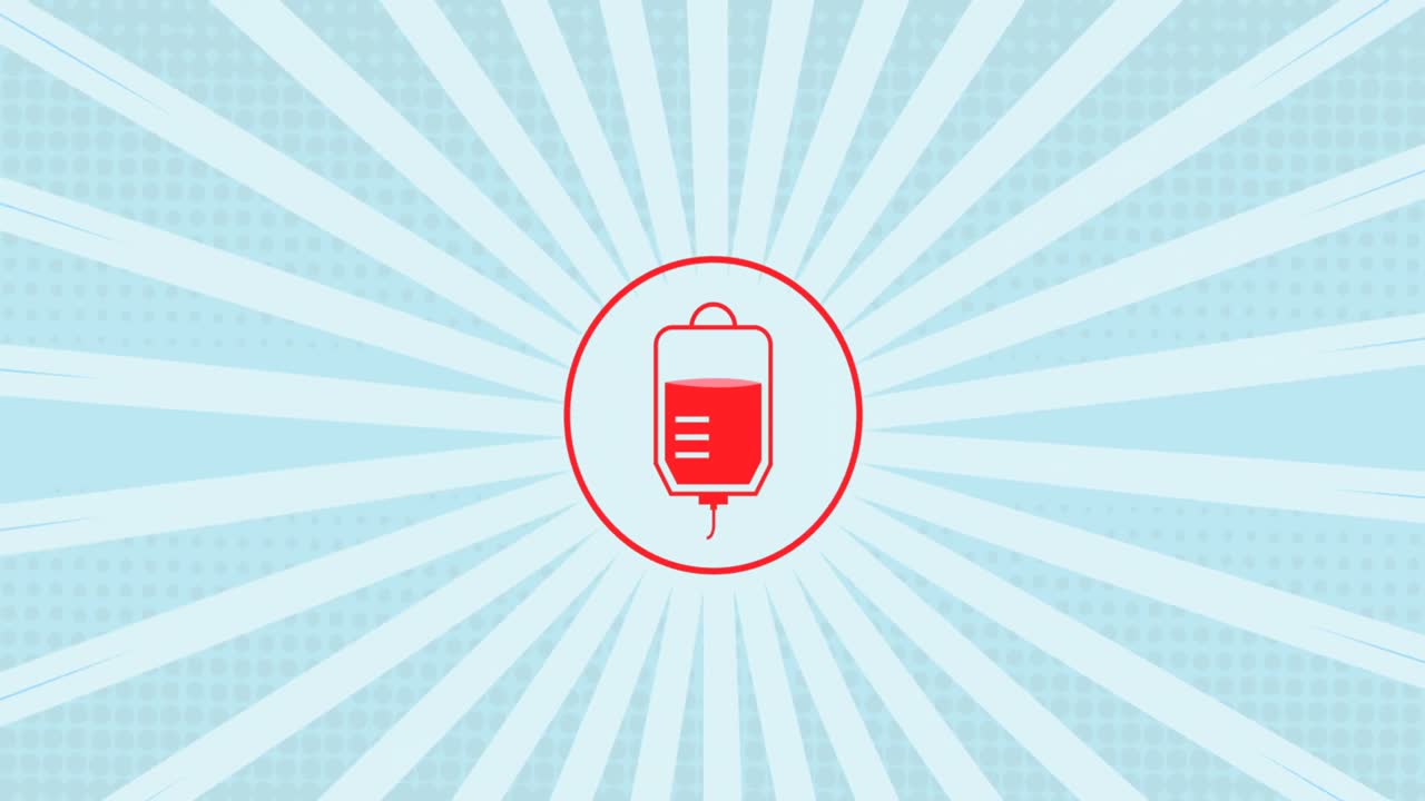 파란색 배경에 있는 혈액 봉투 아이콘과  ⁇ 색 선의 애니메이션