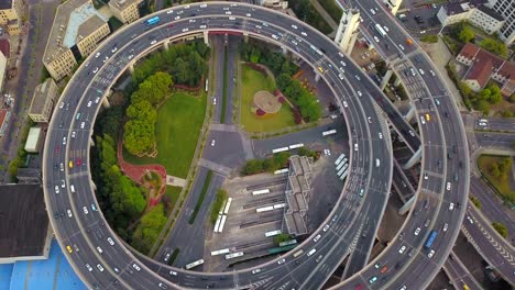 aerial view of roundabout of nanpu bridge, shanghai downtown, china. financial district and business centers in smart city in asia. top view of skyscraper and high-rise buildings.