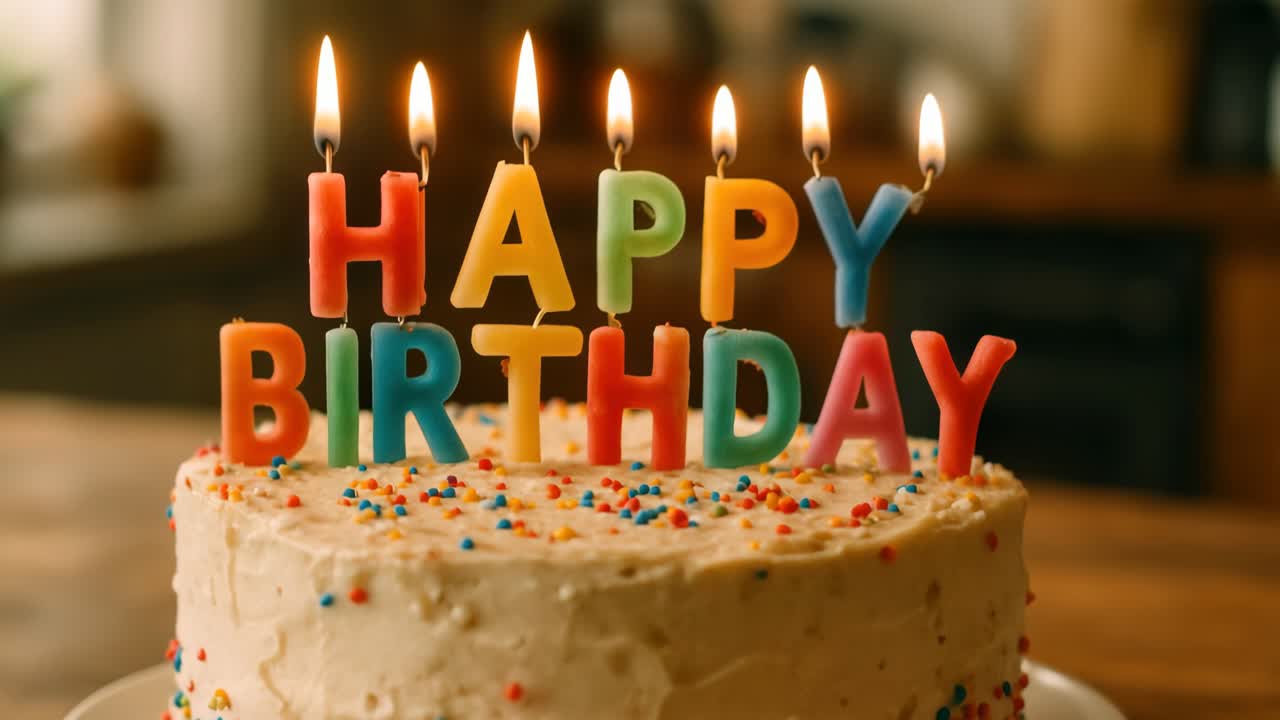 Warm, close-up video of a birthday cake with colorful letter candles spelling 'HAPPY BIRTHDAY'