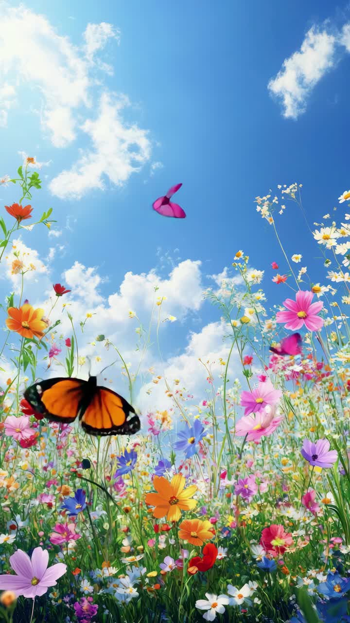 A vibrant video concept featuring a low-angle view of colorful wildflowers and butterflies