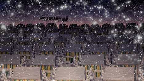 Animation-of-santa-claus-in-sleigh-with-reindeer-over-snow-falling-on-winter-town