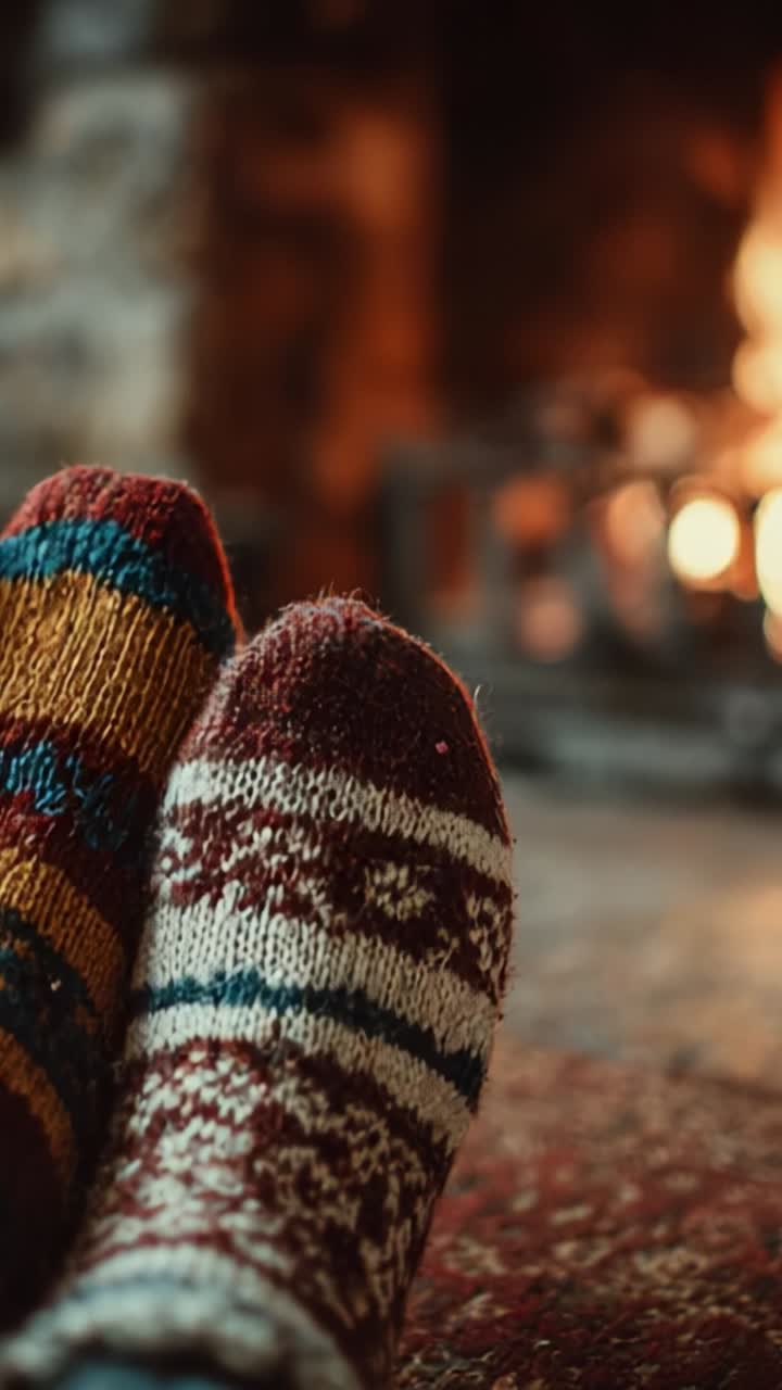 Calore accogliente: primo piano di calze colorate lavorate a mano vicino a un fuoco, che evoca comfort e relax in un ambiente invernale