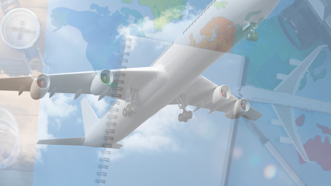 세계 지도 위의 비행기의 애니메이션