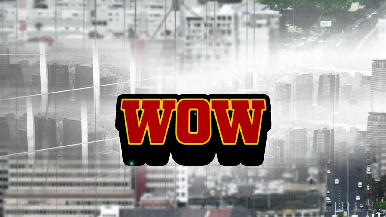 도시 풍경 배경 위에 와우 텍스트의 애니메이션