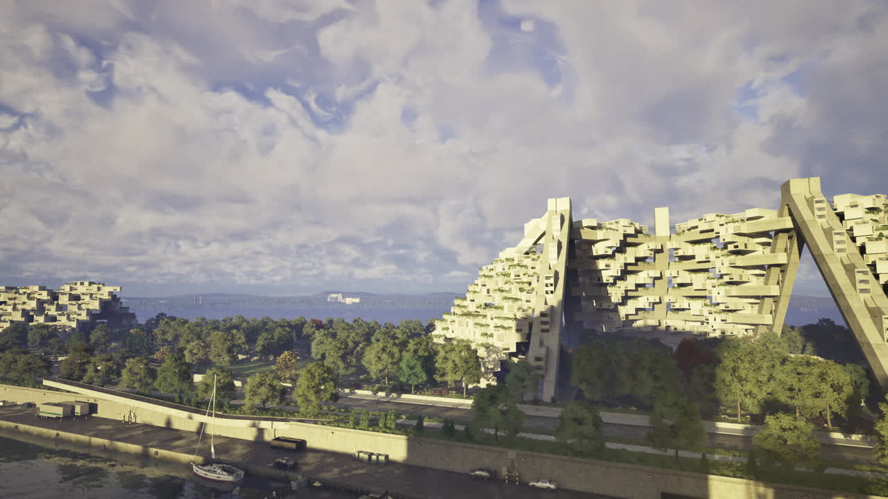 Unique architectural design along a river shoreline with cloudy sky