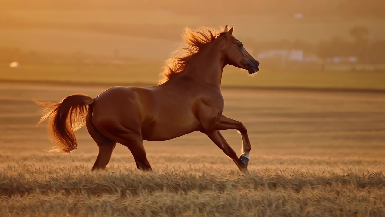 Kastanjebrun hest bevæger sig over åbent græsland ved den gyldne time, vist i sideprofil med flydende manke, løftede forben, glødende baggrundslys og blødt sløret landskab med rolig, yndefuld energi.