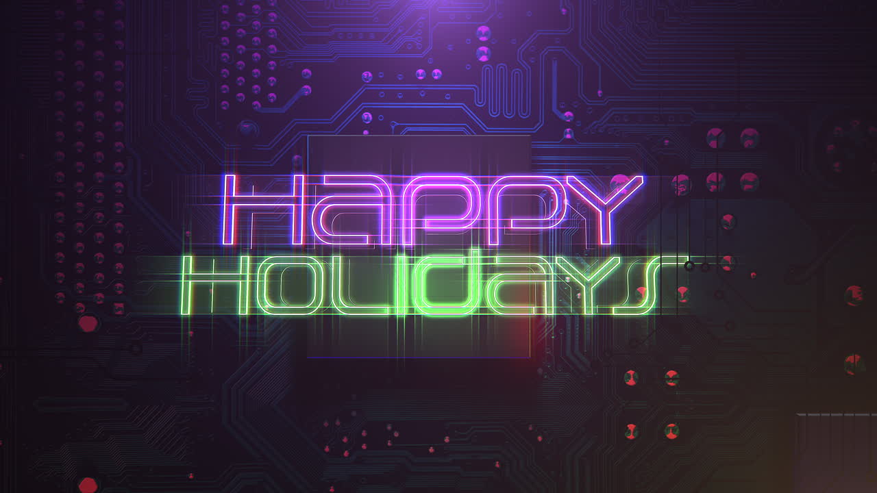 Happy Holidays with computer chip and neon light