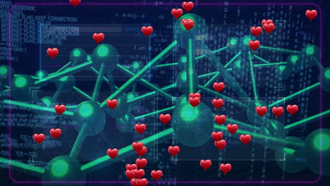 network connections and data processing animation overlaid with floating red hearts