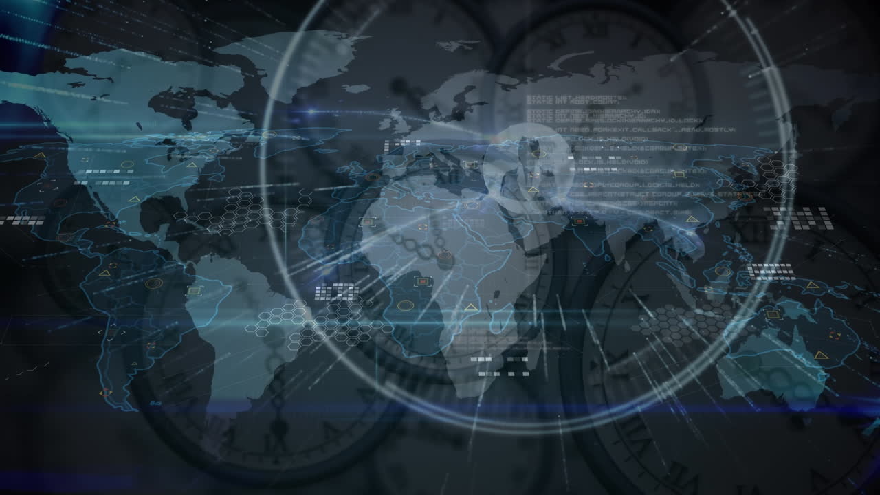 세계 지도의 애니메이션과 이동 시계에 대한 연결 네트워크