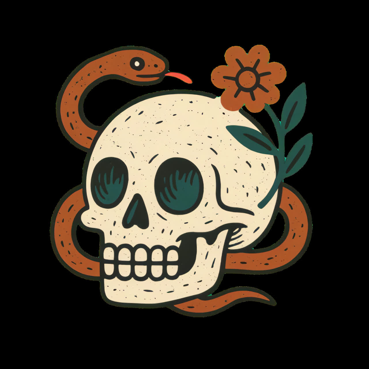 Skull entwined with snake animation isolated asset, transparent 4K video, alpha channel, ProRes 4444