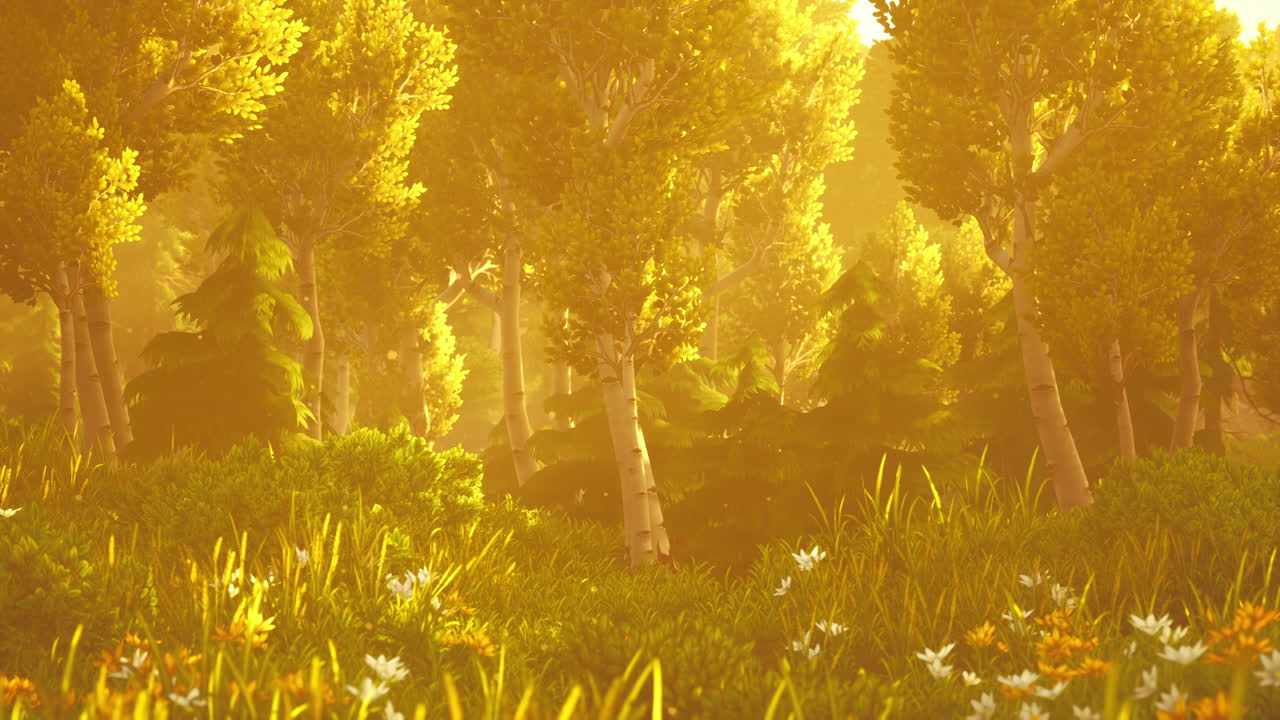황금색  ⁇ 빛으로 백라이트 된 만화 숲 나무
