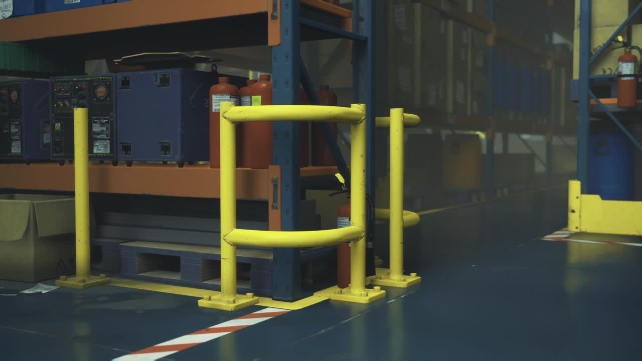 Bright yellow safety barriers guide workers in busy warehouse setting