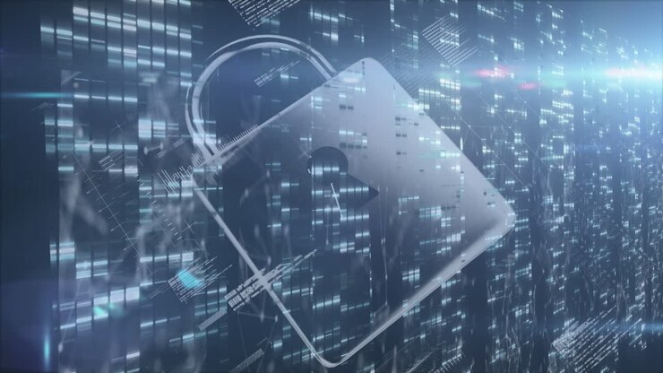 Animation of padlock icon over data processing on black background