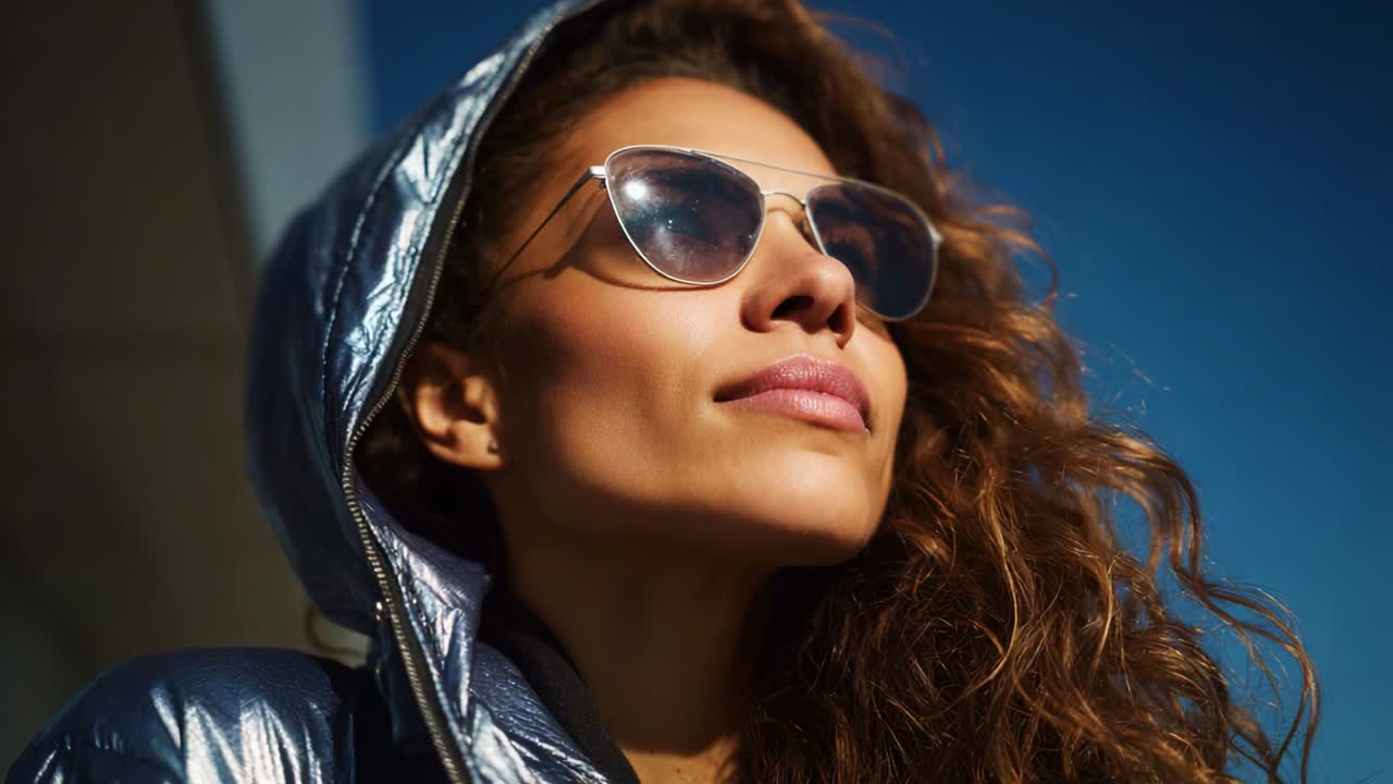 A Confident Individual Embraces the Outdoors in a Stylish Metallic Hooded Jacket and Sunglasses with a Striking Blue Sky Backdrop, Radiating Empowerment and Fashion-forward Attitude