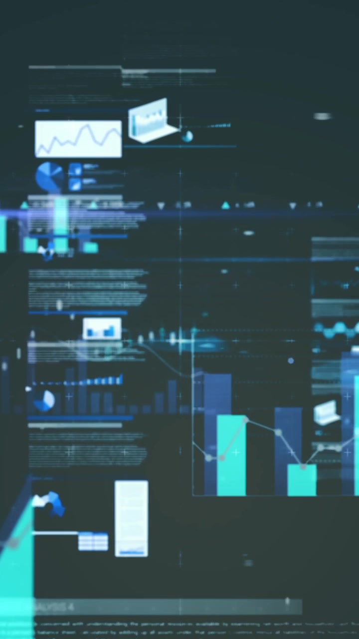 Animation of statistical data processing and blue light trails against grey background