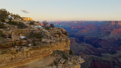 Drone-Revealed-Person-Standing-Over-Colorado-Plateau-In-Grand-Canyon-National-Park-In-Arizona,-USA