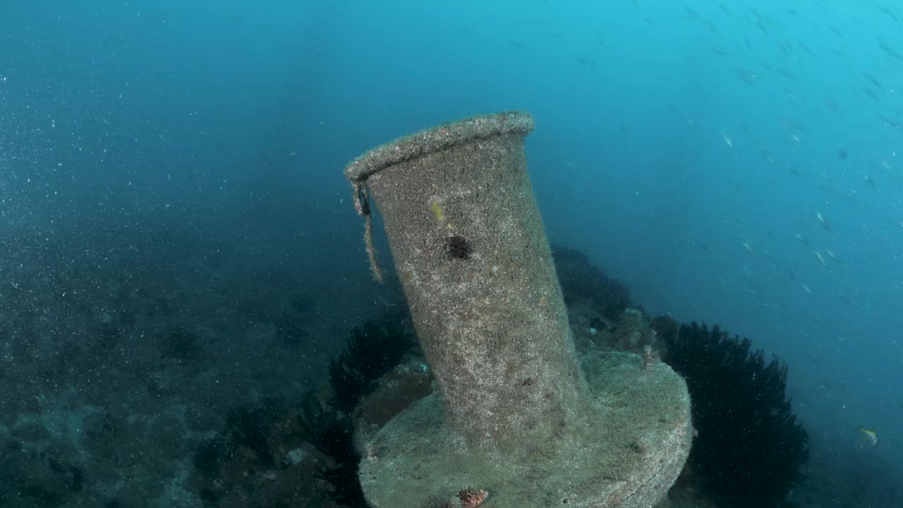 Inquadratura grandangolare di una condotta industriale di desalinizzazione in acque profonde che scarica acque reflue ipersaline nell'oceano. Visione chiara dell'infrastruttura sottomarina e dell'ingegneria industriale marina