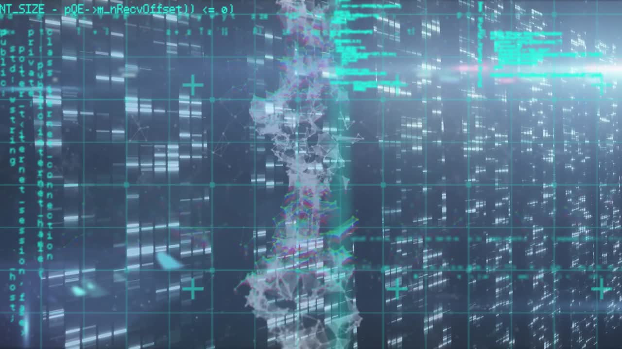 Animation of data processing and moving columns over dna strand on black background