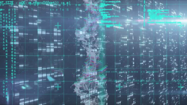 Animation of data processing and moving columns over dna strand on black background