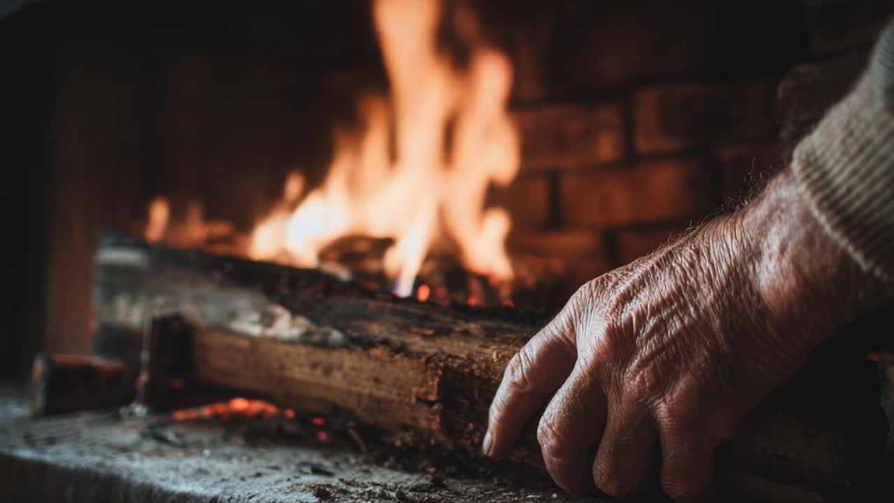 A Warm Embrace of Nature: The Art of Adding Firewood to an Indoor Hearth, Capturing the Glow and Vibrancy of a Cozy Flame in Two Timeless Moments