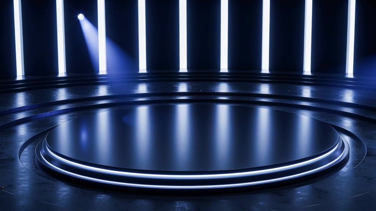 Cue sweeping left spotlight revealing circular platform with glowing rings and LED columns for demo