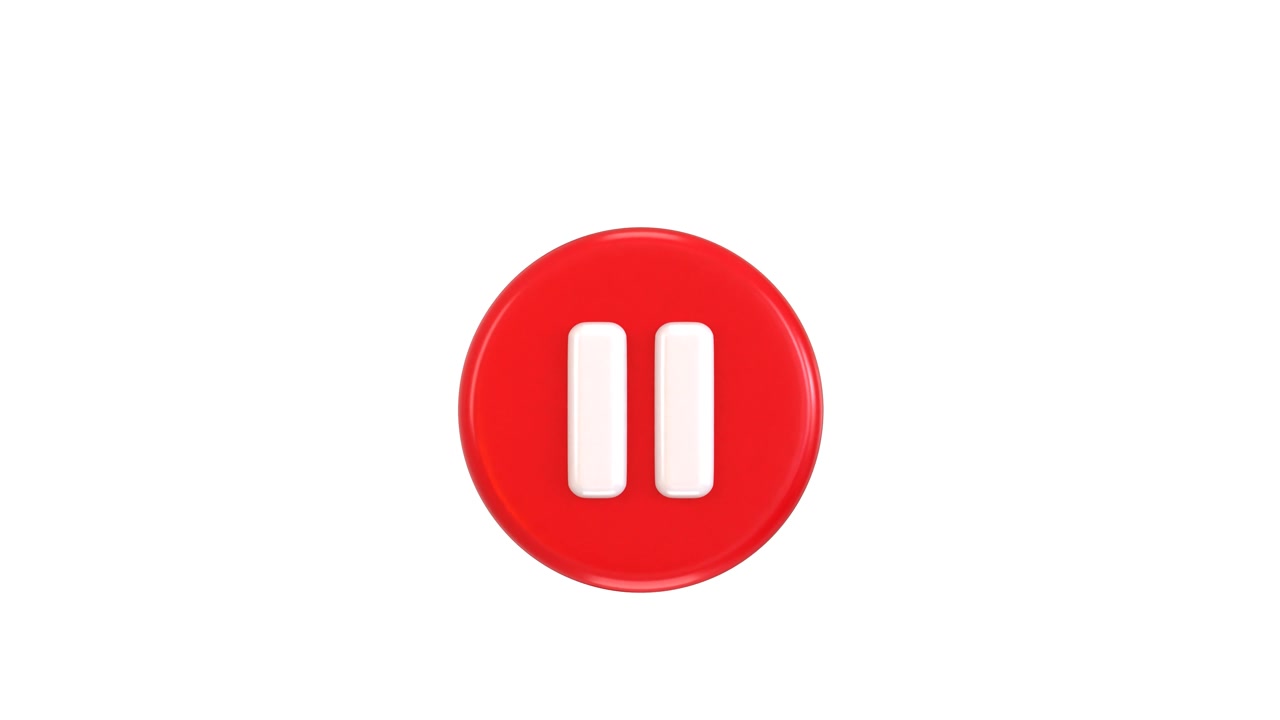 Bouton pause rouge en 3D tournant sur fond blanc
