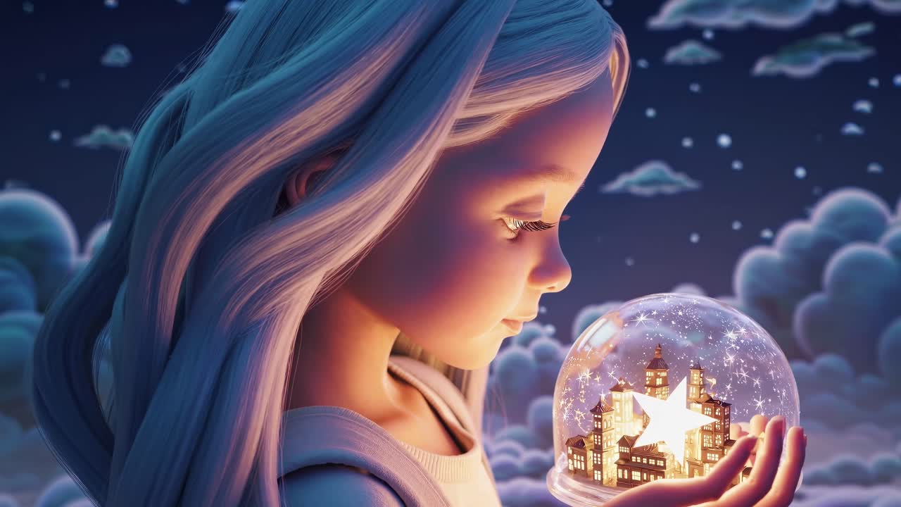 Una stravagante scena video animata mostra una ragazza con i capelli blu che tiene in mano una sfera di vetro luminosa.