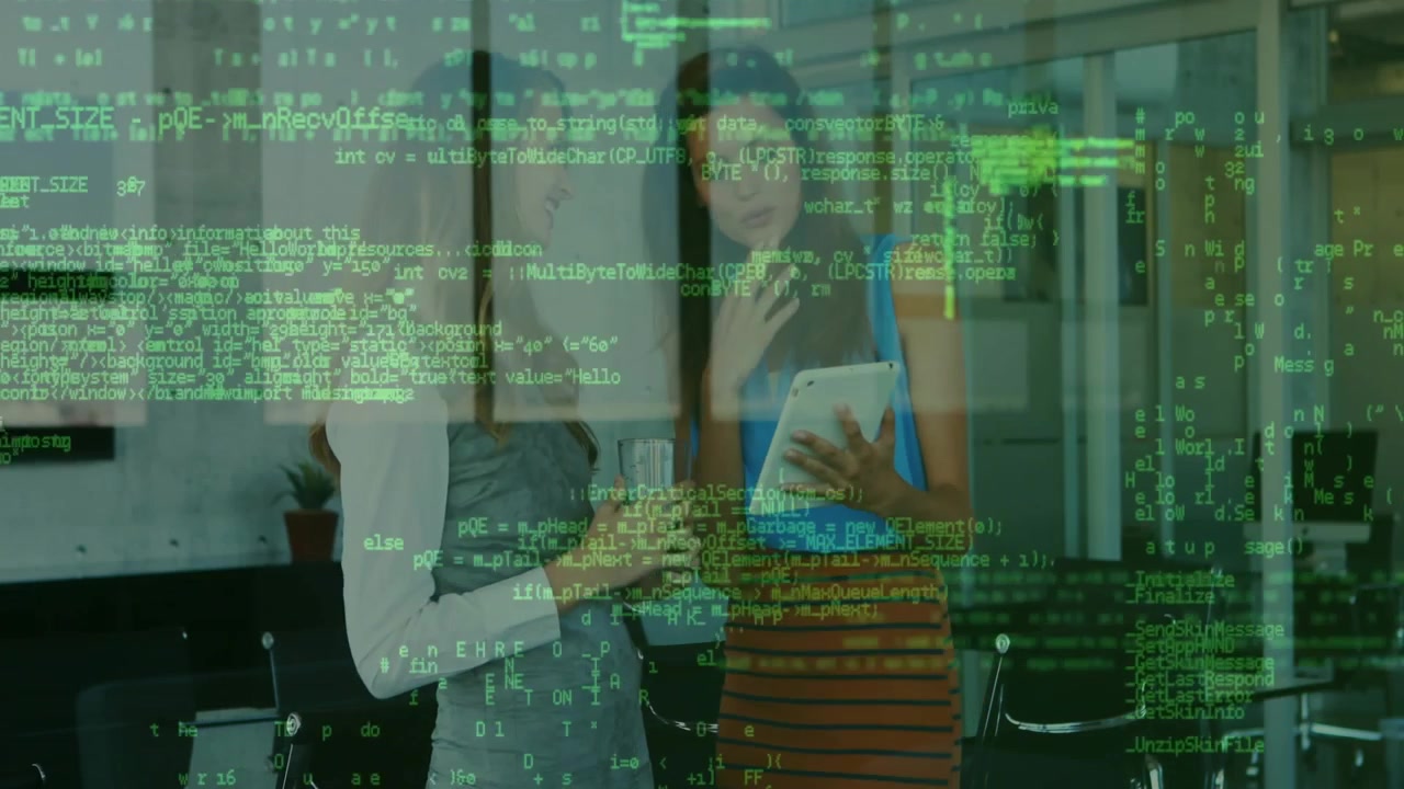 Tapping women in office attire scrolling tablet in office holding glass, green code overlay