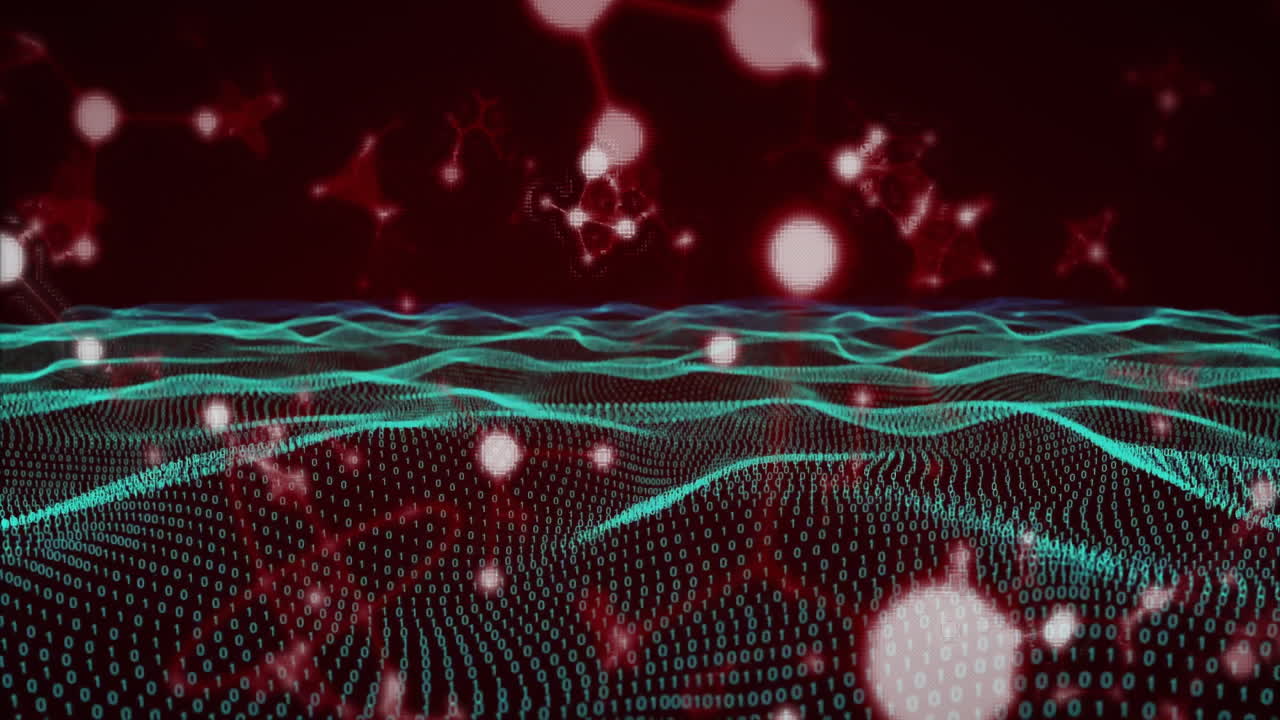 Digital binary code and molecular structures animation over abstract wave pattern