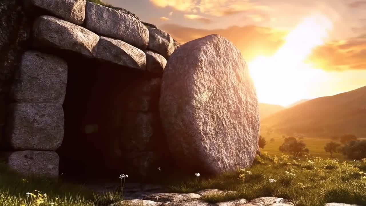 Vidvinkelvideooptagelse af en oldgammel stengrav ved solnedgang, der fanger et fredfyldt landskab