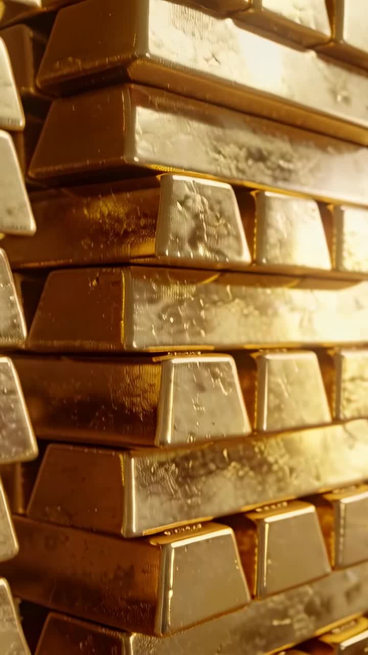 Video verticale: Telecamera che panoramica rivelando una pila di lingotti d'oro su uno scaffale, evidenziando i marchi impressi.