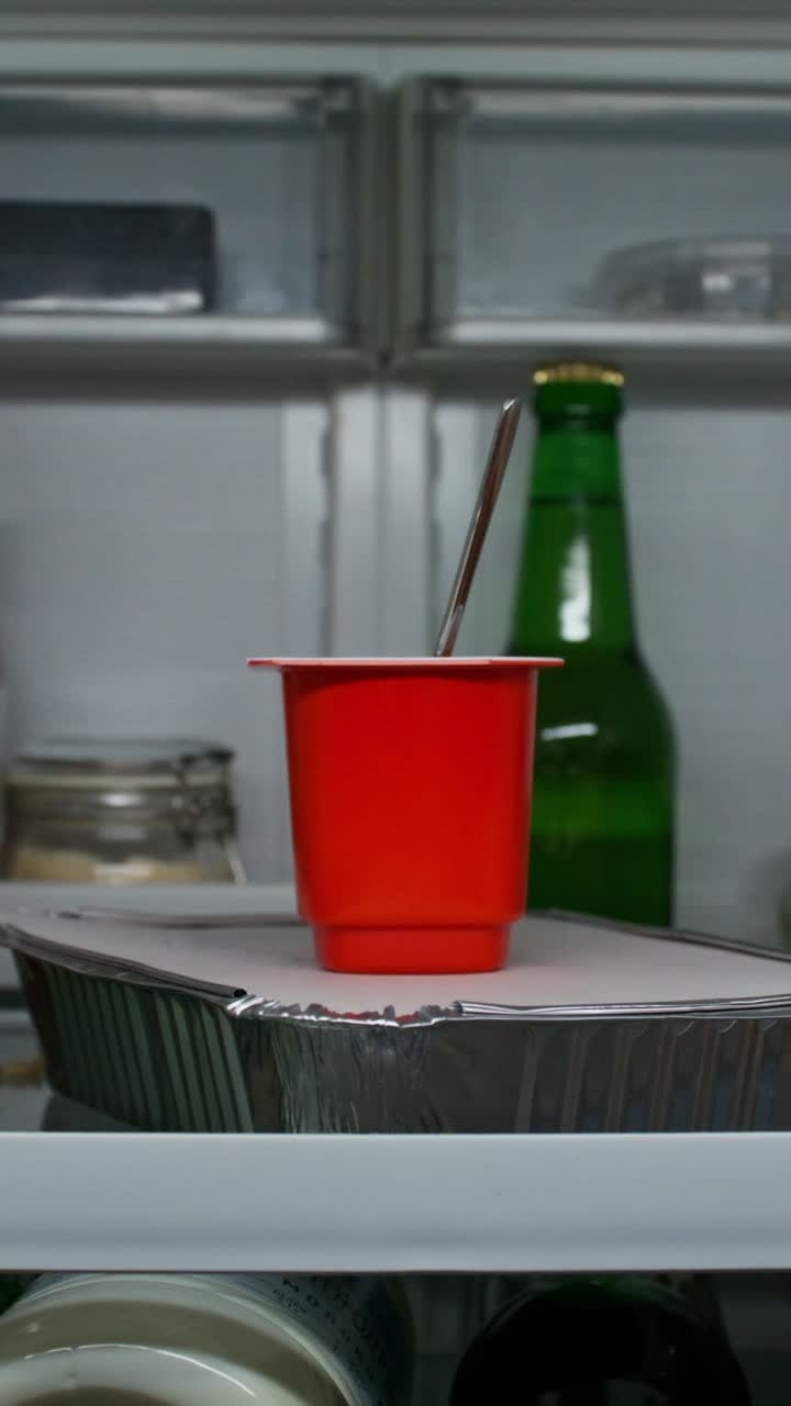 Person looking inside refrigerator at yogurt cup