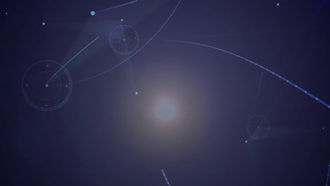 Animation-of-connected-dots-forming-geometric-shape-over-lens-flares-against-abstract-background