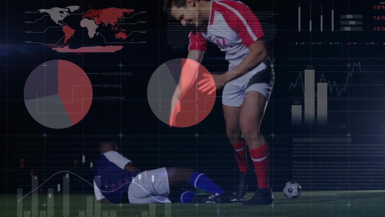 Animação de processamento de dados financeiros sobre diversos jogadores de futebol masculinos