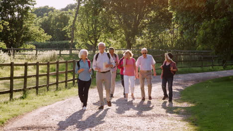 group of senior friends hiking in countryside together