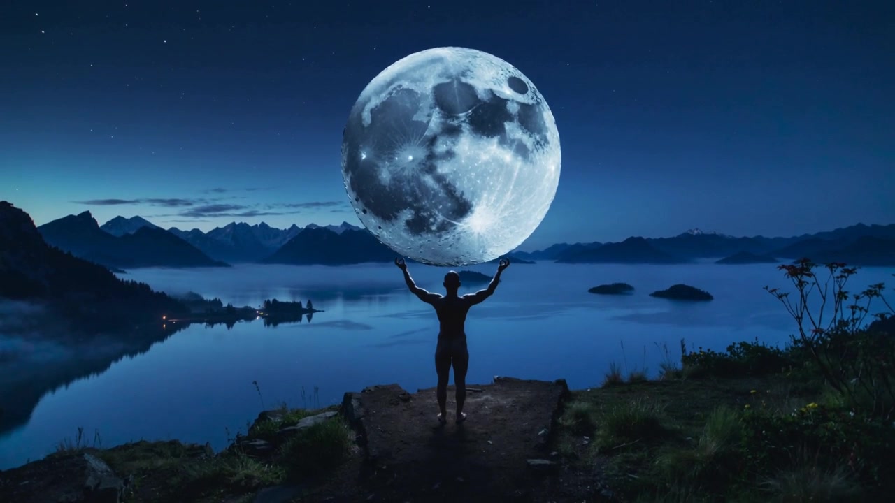 Luna che cala, uomo vestito di scuro che alza le braccia su uno sperone roccioso di notte, sorreggendo una luna gigante.