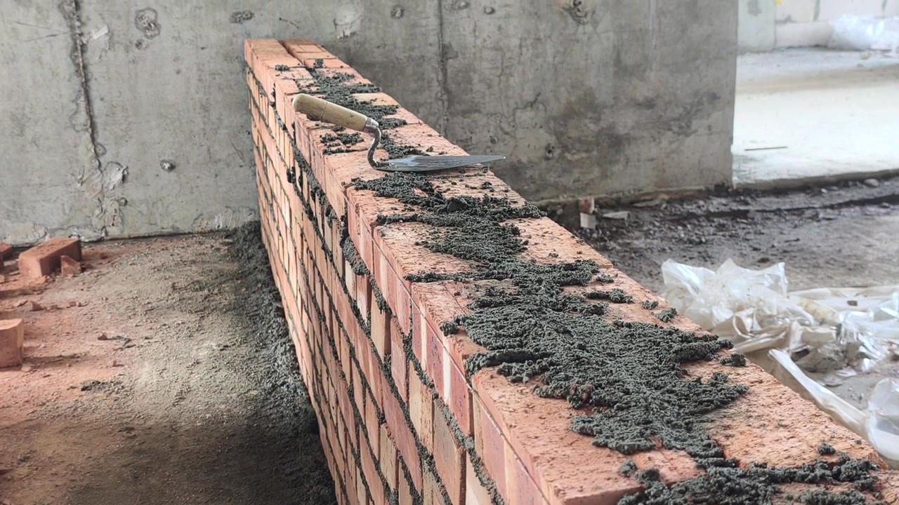 Double clay brick wall under construction on a job site with fresh wet mortar. A bricklaying trowel rests on top of the newly laid masonry line.