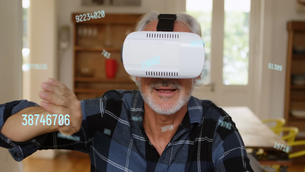 Animation of numbers changing and processing over man wearing vr headset